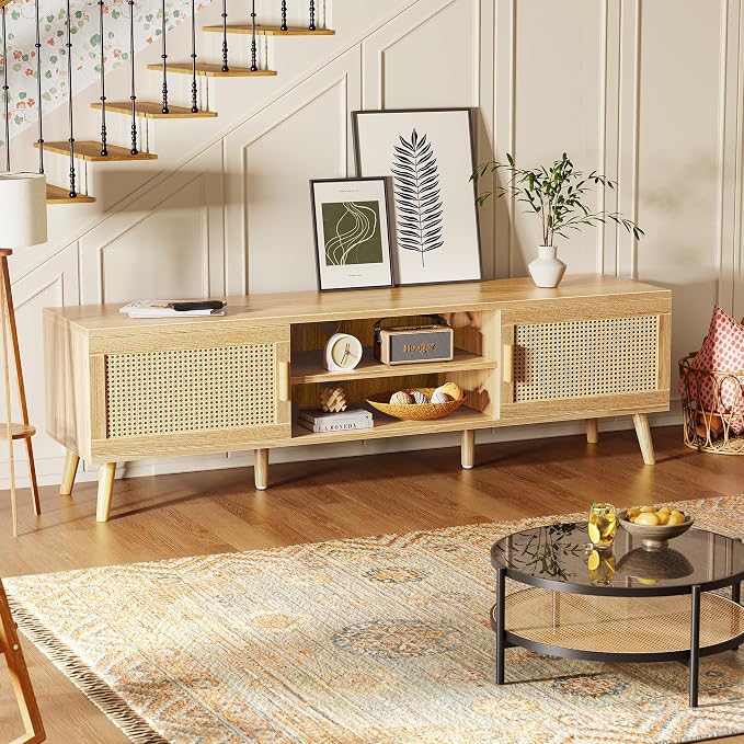 SUPERJARE Boho TV Stand for 65 Inch TV, Entertainment Center with Adjustable Shelf, Rattan TV Console with 2 Cabinets, Media Console, Solid Wood Feet, 4 Cord Holes, for Living Room - Natural
