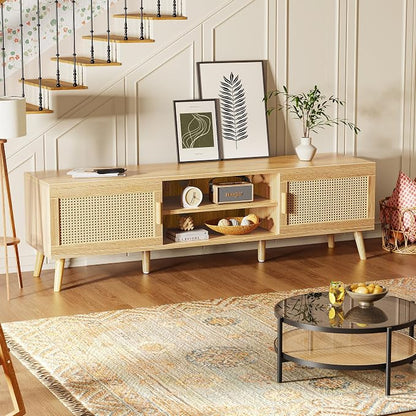 SUPERJARE Boho TV Stand for 65 Inch TV, Entertainment Center with Adjustable Shelf, Rattan TV Console with 2 Cabinets, Media Console, Solid Wood Feet, 4 Cord Holes, for Living Room - Natural