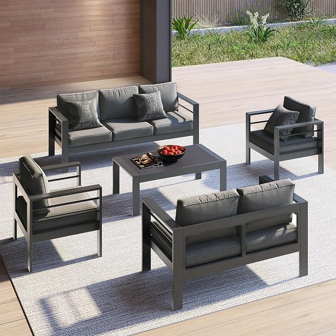Kiss the Water 2 PCS Aluminum Outdoor Patio Sofa Set, All Weather Rust-Proof Metal Patio Couch, Modern Outdoor Furniture for Backyard Porch Garden, 5" Thick Waterproof Olefin Cushions, Light Grey