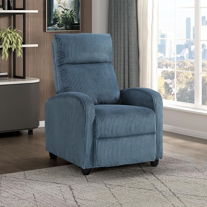 Lexicon Corduroy Pushback Recliner Chair Armchair Push Back Recliner, Solid Wood Frame and Metal Base, Easy Assembly Small Soft Single Sofa Accent Chair for Living Room/Office/Apartment, Midnight Blue