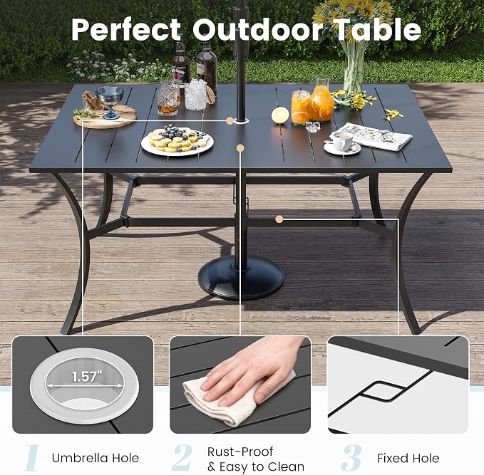 7 Pieces Patio Dining Set, Patio Outdoor Furniture Set of 6 Patio Swivel Dining Chairs and Patio Spliced Rectangular Tabletop with Umbrella Hole, for Deck, Backyard, Poolside & Garden
