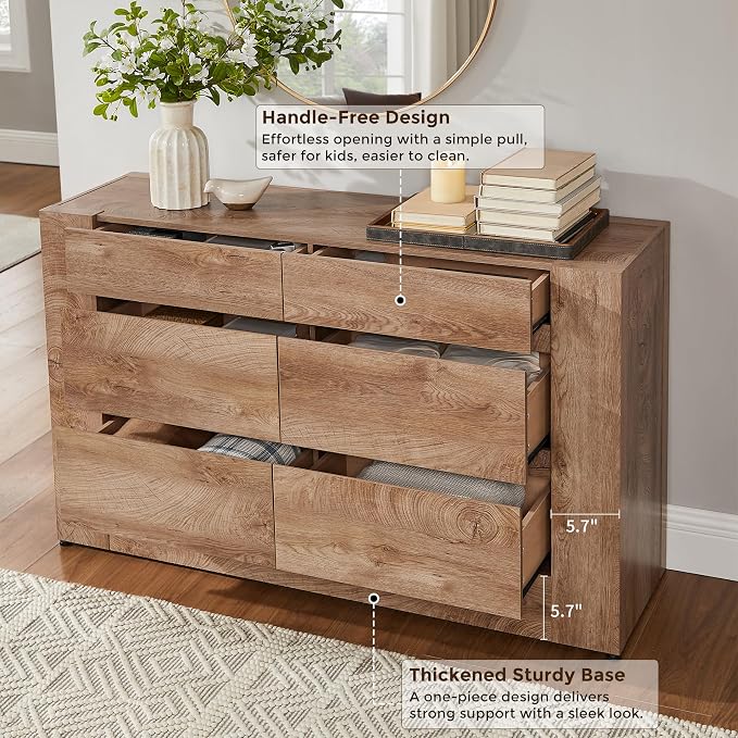 OKD 6 Drawer Dresser for Bedroom, 54" Wide Chest of Drawers with Thick Wood Design, Handleless, Modern Bedroom Dresser, Storage Organizer for Living Room/Entryway/Hallway, Light Knotty Wood