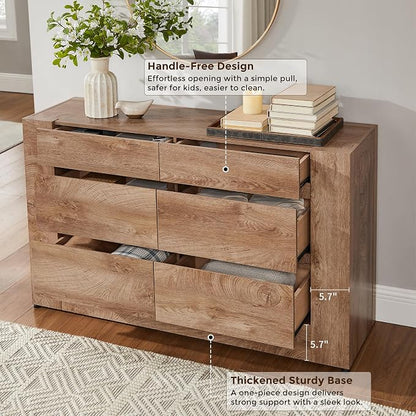 OKD 6 Drawer Dresser for Bedroom, 54" Wide Chest of Drawers with Thick Wood Design, Handleless, Modern Bedroom Dresser, Storage Organizer for Living Room/Entryway/Hallway, Light Knotty Wood