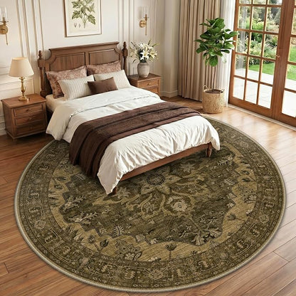 RELEANY Area Rugs Round 10ft Washable Non-Slip, Floral Vintage Distress Medallion Carpet for Living Room Bedroom Dining Room, Brown Dark Brown
