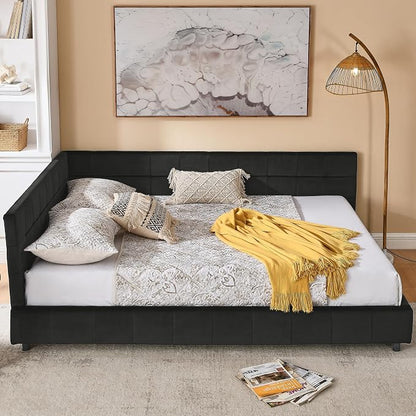 Bellemave Queen Size Corner Bed Frame with Comfortable Backrest and Armrests, Velvet Tufted Corner Bed Frame Queen Size, Upholstered Daybed for Bedroom, Living Room, Guest Room, Black