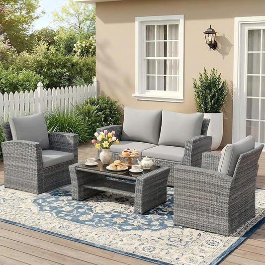 Wisteria Lane Patio Furniture Set, Wicker Outside Outdoor Furniture for All Weather, Patio Sofa with High Backrest Support and Wide Armrest for Backyard, Balcony, Deck, Porch, Ash Gray