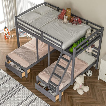 Wood Triple Bed Bunk Bed with 2 Storage Drawers, 3-in 1 Full Over Twin & Twin Bunk Bed Frame with Built-in Middle Drawer, Guardrail Ladder for Kids Teens Adults, Maximized Space Design (Grey-full)