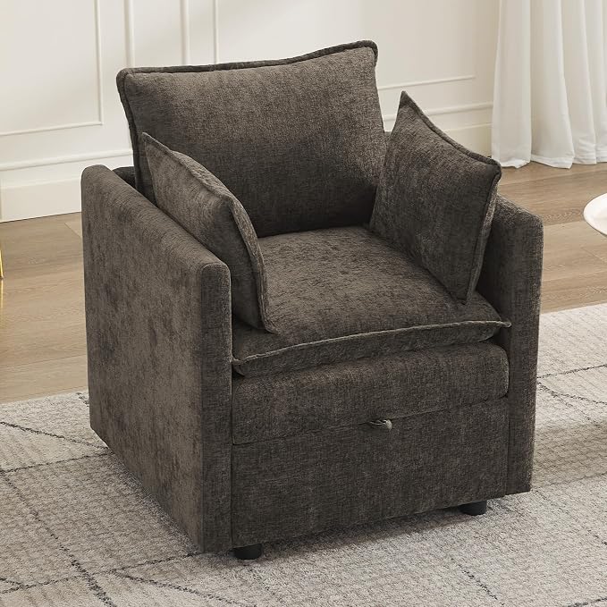 30" Cloud Modular Single Sofa Chair with Storage, Modern Upholstered Accent Chair Deep Seat, Chenille Reading Lounge Armchair for Living Room, Bedroom, Small Space, Brown