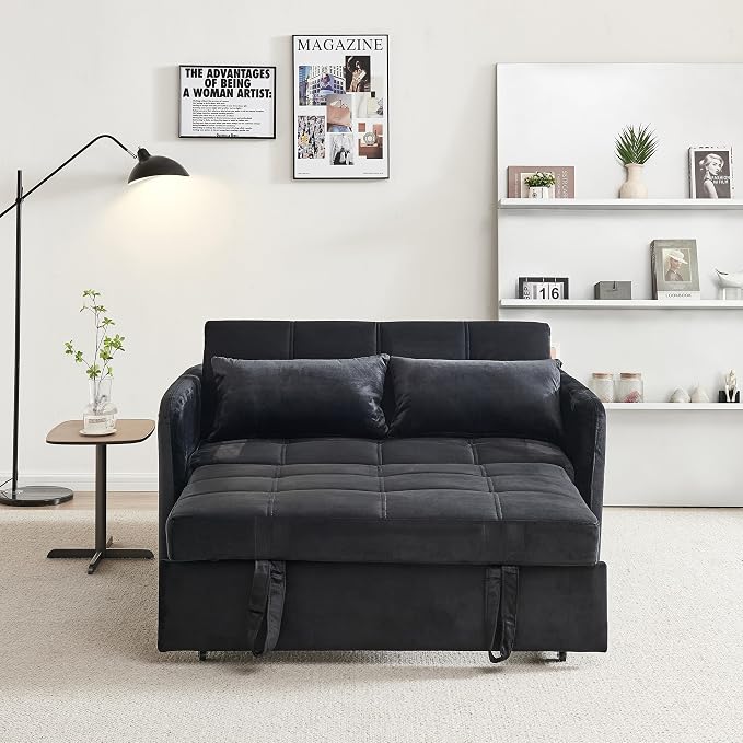 55.5" Velvet Convertible Sofa Bed, Pull Out Sleeper Sofa Bed, Loveseat Couch with USB Charging Ports, 3 in 1 Convertible Sleeper Sofa Bed for Living Room, Apartment, Bedroom, RV, Black