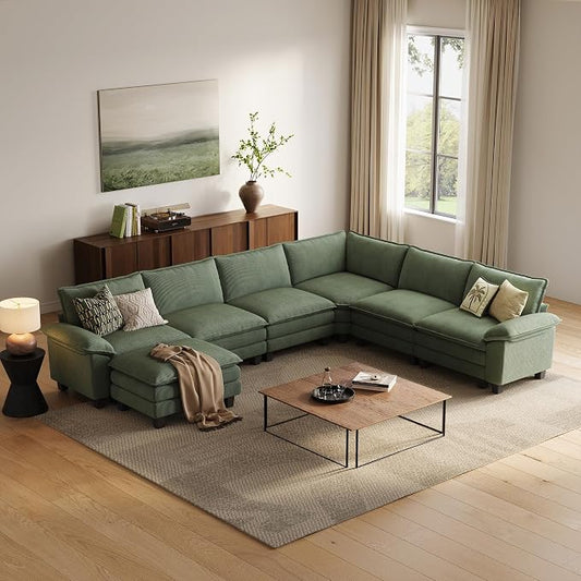 LINSY HOME Modular Sectional Sofa 6 Seat Couch Corduroy Cloud Couch with Deep Seat, Modern C-Shaped Cloud Couch for Living Room, Office, Bedroom, Green