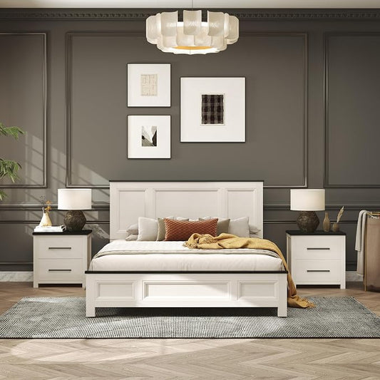 Roundhill Furniture Realynn 3-Piece Wood Bedroom Set, Queen Size Panel Bed with 2 Nightstands, Off-White Finish