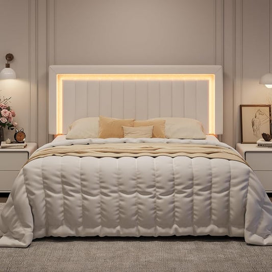 SHA CERLIN King Size Velvet Bed Frame with LED Light, Adjustable Vertical Channel Tufted Headboard, Strong Wooden Slats Support, Noise-Free, No Box Spring Needed, White