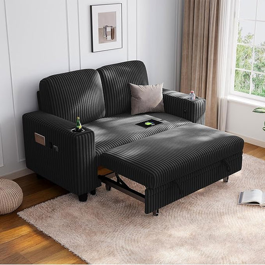 LINSY Home 56" Sectional Couch with Pull Out Bed, Modular Loveseat Sleeper Sofa, Corduroy Convertible Sofa Bed, Cup Holder|USB Charging|Side Pocket, Living Room, Bedroom, Apartment, Black