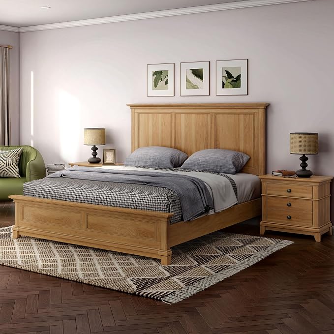 Furniture of America Yardley Farmhouse Solid Wood 3-Piece Bedroom Collection with Panel Bed and Nightstands Set of 2, Box Spring Required for Bedroom, Guess Room, King, Natural Oak
