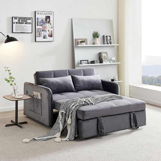 55.5" Velvet Convertible Sofa Bed, Pull Out Sleeper Sofa Bed, Loveseat Couch with USB Charging Ports, 3 in 1 Convertible Sleeper Sofa Bed for Living Room, Apartment, Bedroom, RV, Grey