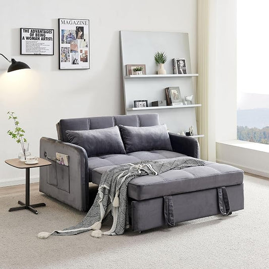 55.5" Velvet Convertible Sofa Bed, Pull Out Sleeper Sofa Bed, Loveseat Couch with USB Charging Ports, 3 in 1 Convertible Sleeper Sofa Bed for Living Room, Apartment, Bedroom, RV, Grey