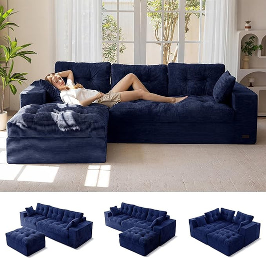 MAXYOYO 104" L Shaped Modular Sectional Sofa with Ottoman, Tufted Boneless Couch with Layered Cushion, Upholstered Flexible Module Combination Sofa for Living Room, No Assembly, Navy