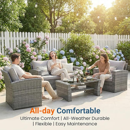 Wisteria Lane Patio Furniture Set, Wicker Outside Outdoor Furniture for All Weather, Patio Sofa with High Backrest Support and Wide Armrest for Backyard, Balcony, Deck, Porch, Light Gray