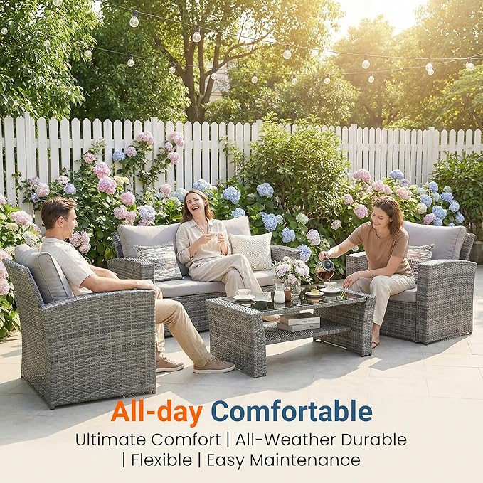 Wisteria Lane Patio Furniture Set, Wicker Outside Outdoor Furniture for All Weather, Patio Sofa with High Backrest Support and Wide Armrest for Backyard, Balcony, Deck, Porch, Ash Gray