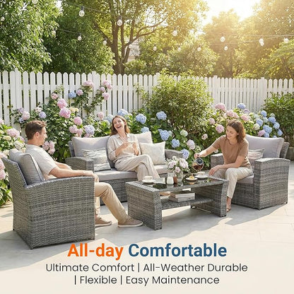 Wisteria Lane Patio Furniture Set, Wicker Outside Outdoor Furniture for All Weather, Patio Sofa with High Backrest Support and Wide Armrest for Backyard, Balcony, Deck, Porch, Ash Gray
