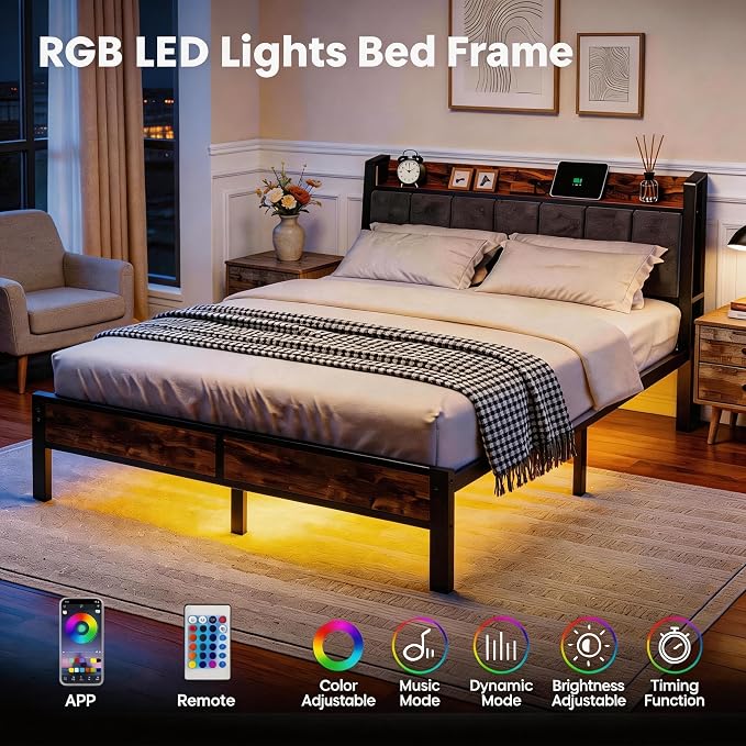 Liians Queen Size Bed Frame with Charging Headboard, Metal Platform Bed with Smart LED Lights, Heavy Duty Metal Slats, No Box Spring Need