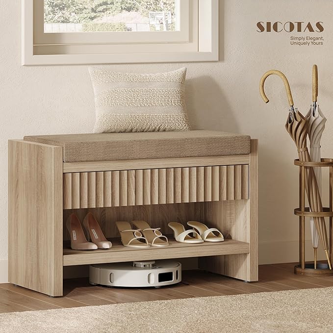 SICOTAS 31.3”W Fluted Entryway Shoe Bench with Cushion Set of 2, Light Oak | Modern Fluted Design, 300 lb Capacity Per Bench,19.69"H Ergonomic Seat, Spacious Drawer, Open Shoe Storage, Multi-Room Use