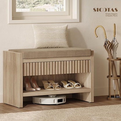 SICOTAS 31.3”W Fluted Entryway Shoe Bench with Cushion Set of 2, Light Oak | Modern Fluted Design, 300 lb Capacity Per Bench,19.69"H Ergonomic Seat, Spacious Drawer, Open Shoe Storage, Multi-Room Use