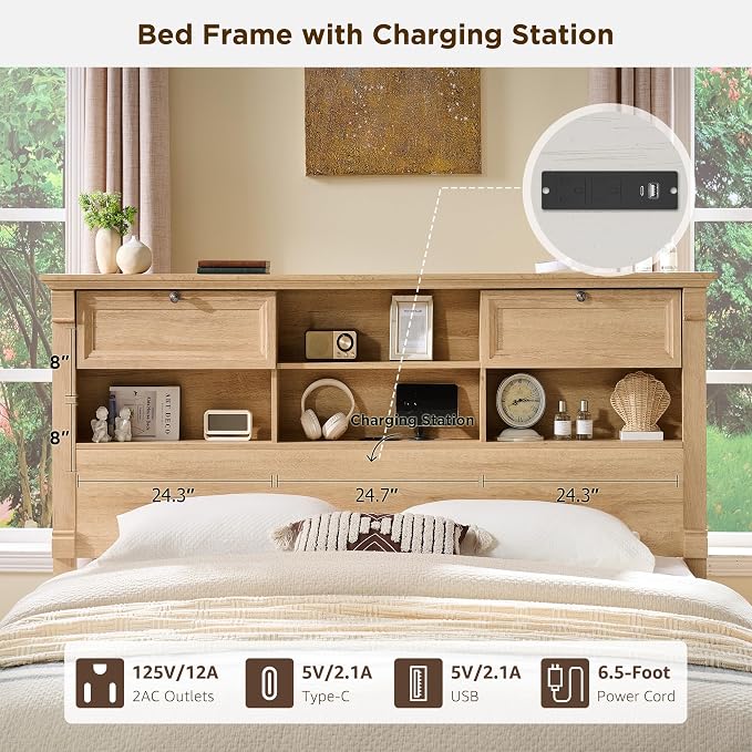 T4TREAM Farmhouse King Size Bed Frame with 54" Tall Storage Bookcase Headboard, 18" Roman Column Decoration Footboard,2 Drawer & 4 Storage Rack, Oak