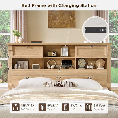 T4TREAM Farmhouse King Size Bed Frame with 54" Tall Storage Bookcase Headboard, 18" Roman Column Decoration Footboard,2 Drawer & 4 Storage Rack, Oak