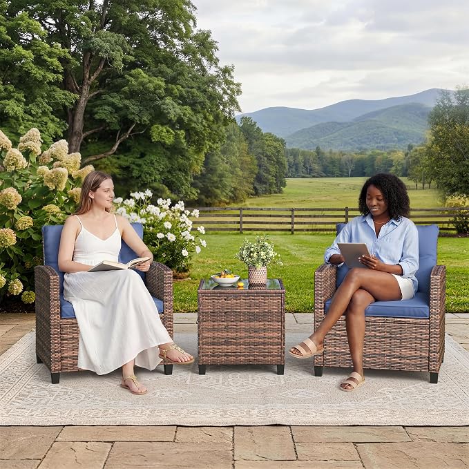 GarveeLife 3 Pieces Patio Furniture Set, PE Rattan Patio Conversation Set with Tempered Glass Tabletop, Outdoor Wicker Chairs and Table Set for Patio Balcony Garden, Brown & Blue