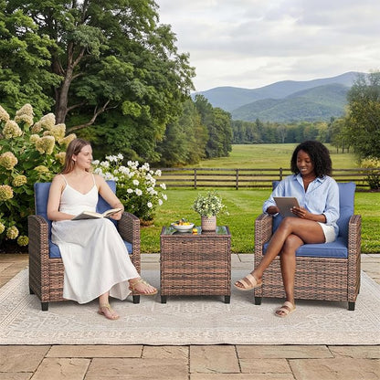 GarveeLife 3 Pieces Patio Furniture Set, PE Rattan Patio Conversation Set with Tempered Glass Tabletop, Outdoor Wicker Chairs and Table Set for Patio Balcony Garden, Brown & Blue