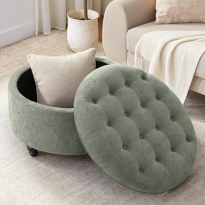 HUIMO 30-Inch Round Storage Ottoman, Modern Button Tufted Coffee Table with Removable Top, Upholstered Ottoman with Storage Footrest Stool for Living Room, Bedroom and Office(Green)