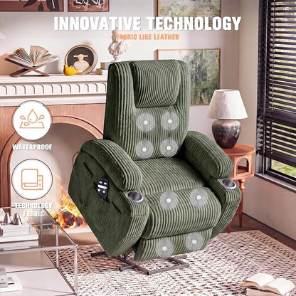 Flamaker Power Lift Recliner Chair Electric Lift Recliner for Elderly Power Lift Recliner Chair with Cup Holders Side Pockets for Living Room (Corduroy, Green)