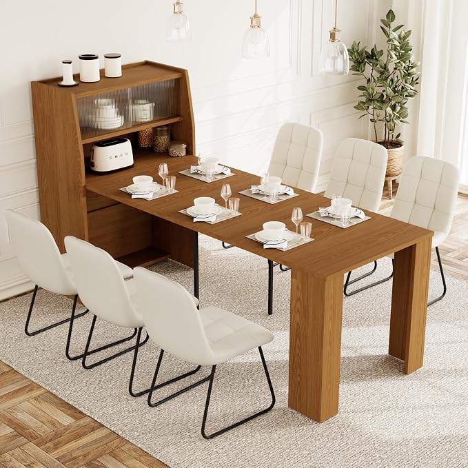 HIPIHOM Dining Table Set for 6, Extendable 86.6" with Storage | Space-saving MDF Kitchen Table with 6 Upholstered U-shaped White Chairs, Ideal for Apartment, Living Room