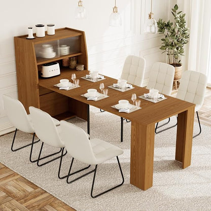HIPIHOM Dining Table Set for 6, Extendable 86.6" with Storage | Space-saving MDF Kitchen Table with 6 Upholstered U-shaped White Chairs, Ideal for Apartment, Living Room