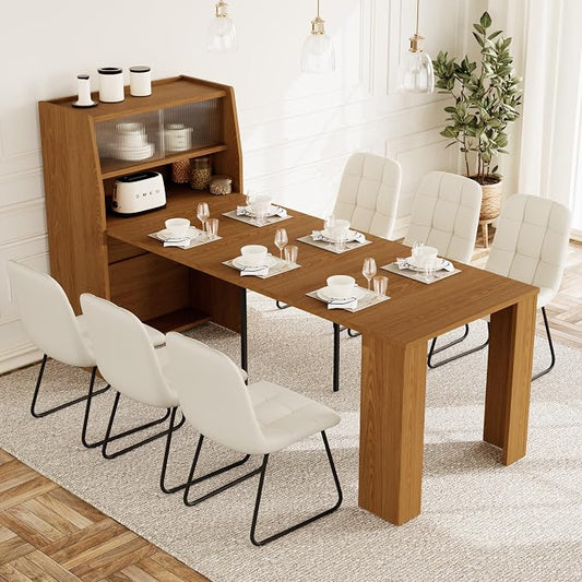 HIPIHOM Dining Table Set for 6, Extendable 86.6" with Storage | Space-saving MDF Kitchen Table with 6 Upholstered U-shaped White Chairs, Ideal for Apartment, Living Room