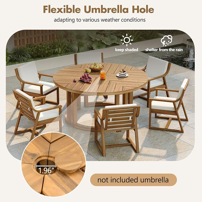 Quarte 7-Piece Patio Dining Table Set, Round Dining Table with 1.96" Umbrella Hole, Outdoor Wooden Patio Furniture Set for Garden, Backyard and Pools (Light Teak-7)