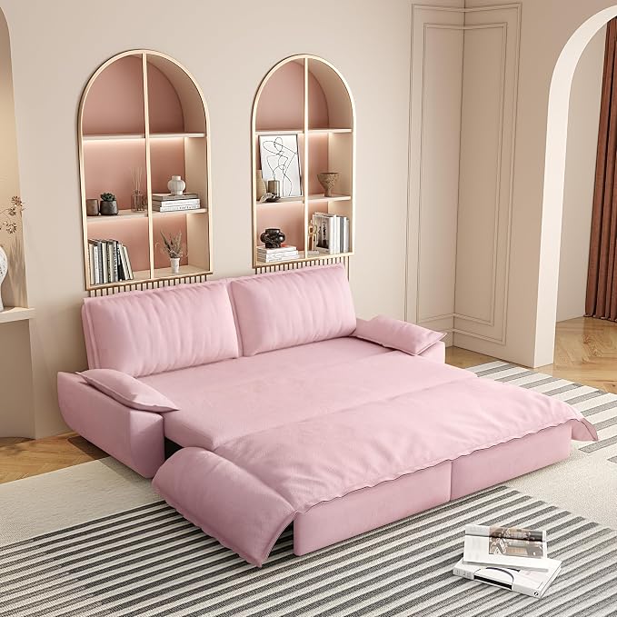 73.2" Sleeper Sofa Bed Queen Size, 3-in-1 Convertible Couch, Modern Pull Out Couches, Comfy Velvet Futon Sofa, Cloud Loveseat Lounge, Pillow Arm for Small Spaces, Living Room, Apartment, Pink