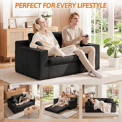 Erament Boneless Loveseat Sofa Couch, 2 in 1 Convertible Sofa Bed with Pillows, Fold Out Bean Bag Chair Boneless Floor Couch for Living Room Bedroom Office Lounge Apartment, No Assembly Needed, Black