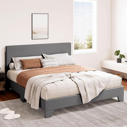 SHA CERLIN Linen Upholstered Full Size Bed Frame with Headboard, Light Gray | Adjustable Low-Profile Platform Bed, Minimalist Design, Stable Mattress Foundation, Strong Back-Support, No Box Spring Needed