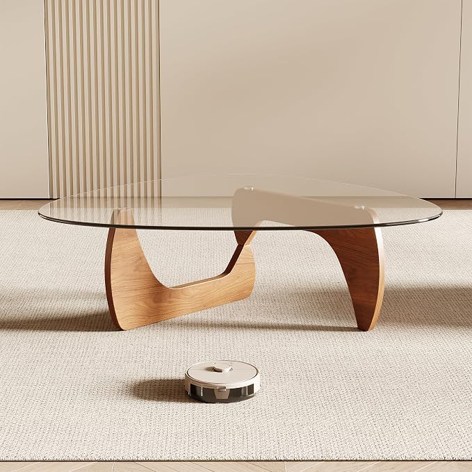 Honyee Morden Coffee Table, 42.5" x 28.5" x 16.1" Triangle Tempered Glass Top for Living Room, Color: Natural Wood