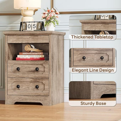 LIKIMIO Nightstand Set of 2, Night Stand with Pull Out Tray, Wooden Bedside Table with 2 Drawers and Open Shelf, Side Table for Bedroom, Grey