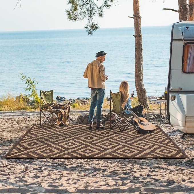 GENIMO Outdoor Rug for Patio Clearance, 6'x9' Reversible Plastic Straw Rugs, Lightweight Waterproof RV Camping Mat for Camper, Balcony, Deck, Backyard, Picnic, Coffee & Brown