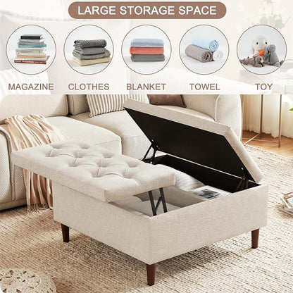 Weture 35 Inch Extra Large Storage Ottoman Coffee Table, No Assembly Required, Oversized Square Ottoman with Storage, Tufted Upholstered Ottomans Coffee Table for Living Room (Fabric, Beige)