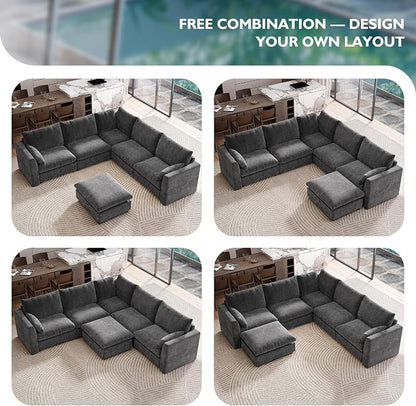 Ihanherry 111" Oversized Modular Sectional Sofa, Modern V Shaped Cloud Couch with Storage Ottoman, 6-Seat Comfy Chenille Deep Seat Sofa with 2 Pillows for Living Room, Grey