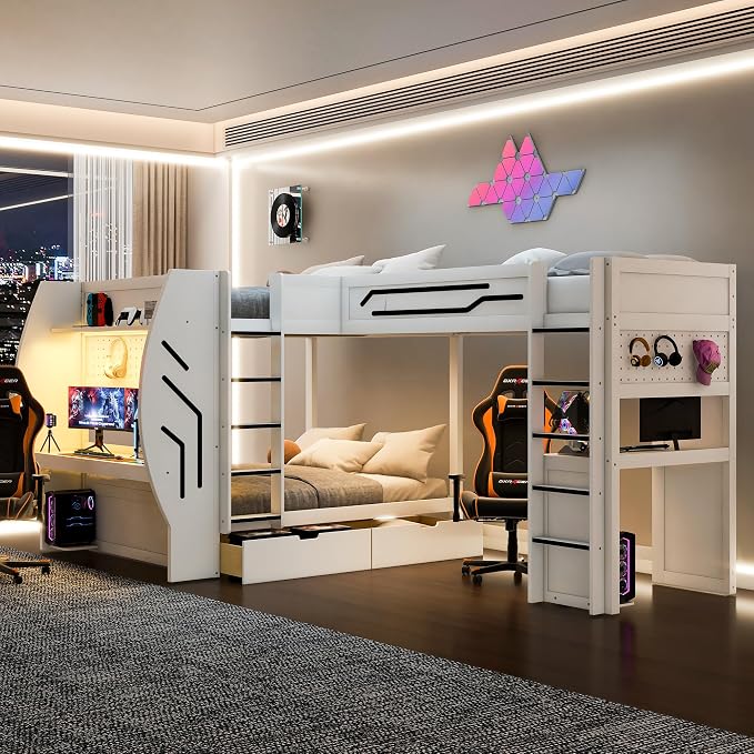 Twin&Full Over Full Triple Bunk Bed with Desk and Storage Drawers & LED,Charging Station,Solid Wood L-Shaped 3 Gaming Bunk Bed with Ladder,Guardrail,No Box Spring Needed (White,Twin & Full Over Full)