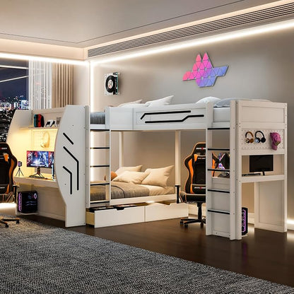 Twin&Full Over Full Triple Bunk Bed with Desk and Storage Drawers & LED,Charging Station,Solid Wood L-Shaped 3 Gaming Bunk Bed with Ladder,Guardrail,No Box Spring Needed (White,Twin & Full Over Full)