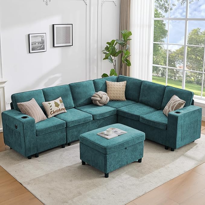107 Inch Sectional Sleeper Sofa with Pull Out Bed, 7 Seat U Shaped Modular Sectional Sofa with Storage Ottoman, USB Port & 6 Pillows, Sectional Couches for Living Room & Apartment, Modular Couch,Green