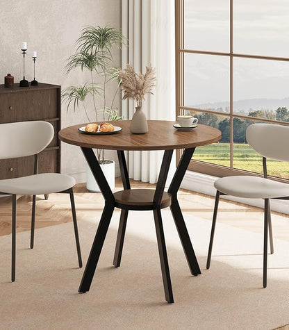 MECHYIN 31.5" Round Dining Table for 2-4, Farmhouse Small Kitchen Table with Storage, Space Saving Circle Table, Rustic Wood Dining Room Tables with Metal Legs for Kitchen, Dining Room, Apartment