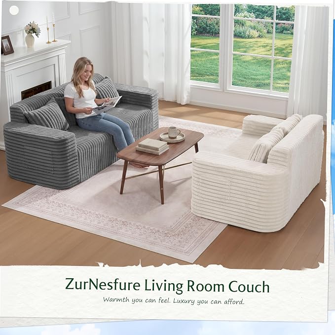 ZurNesfure Sofa Couch Cloud Loveseat, Memory Foam Couch with Pillow No Assembly Need, Modern Couch with deep seat and Washable Cover Boneless Sofas for Living Room Bedroom Apartment (White,Loveseat)